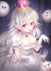 Rule 34 | 1girl, :3, blush, boo (mario), breasts, cleavage, collarbone, dress, earrings, elbow gloves, gloves, highres, jewelry, large breasts, long hair, looking at viewer, luigi&#039;s mansion, mario (series), new super mario bros. u deluxe, nintendo, pointy ears, princess king boo, red eyes, saltycaramel, smile, solo, super crown, tongue, tongue out, very long hair, white dress, white gloves, white hair