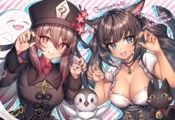 Rule 34 | 2girls, animal ears, aqua eyes, bird, black hair, black nails, blush, bracelet, breasts, brown hair, cat, cat ears, chinese clothes, claw pose, cleavage, collarbone, crossover, fang, final fantasy, final fantasy xiv, flower, genshin impact, ghost, hat, hat flower, hat ornament, highres, hu tao (genshin impact), jewelry, large breasts, long hair, long sleeves, looking at viewer, miqo&#039;te, mirukurim, multiple girls, nail polish, open mouth, parted lips, red eyes, short sleeves, skin fang, smile, striped, striped background, tail, upper body