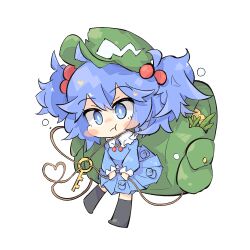 Rule 34 | 1girl, backpack, bag, black thighhighs, blue dress, blue eyes, blue hair, blush, breasts, chibi, crossed bangs, dress, full body, green bag, green hat, hair bobbles, hair flaps, hair ornament, hat, jewelry, kawashiro nitori, key, key necklace, large bag, long sleeves, looking at viewer, medium breasts, necklace, pleated dress, pocket, pout, primsla, puffy long sleeves, puffy sleeves, short hair, sidelocks, simple background, sleeve cuffs, solo, thighhighs, touhou, two side up, white background