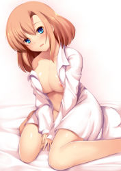 Rule 34 | 1girl, :d, bare shoulders, blue eyes, blush, breasts, brown hair, cleavage, collarbone, collared shirt, dress shirt, haribote (desk of coulomb), head tilt, large breasts, long sleeves, looking at viewer, naked shirt, nipple slip, nipples, off shoulder, open clothes, open mouth, open shirt, original, shirt, sitting, smile, solo, wariza, white shirt