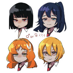 Rule 34 | 1boy, 3girls, black hair, blonde hair, blue eyes, blue hair, brown hair, closed mouth, commentary request, dark blue hair, don quixote (project moon), english text, frown, hair between eyes, hair ribbon, hairband, heterochromia, highres, hong lu (project moon), ishmael (project moon), limbus company, long hair, mars symbol, multiple girls, nakame77, necktie, orange hair, ponytail, project moon, purple eyes, red eyes, red necktie, ribbon, ryoshu (project moon), sanpaku, short hair, simple background, smile, v-shaped eyebrows, venus symbol, white background, white ribbon, yellow eyes