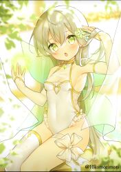 Rule 34 | 1girl, :o, arm up, bare shoulders, blurry, blurry foreground, blush, bow, breasts, cleavage, covered navel, detached sleeves, fairy, fairy wings, feet out of frame, flower, frilled leotard, frills, glowing, gold trim, green eyes, hair between eyes, hair flower, hair lift, hair ornament, hand in own hair, hand up, head tilt, highres, juugou taki, leaf, legs together, leotard, long hair, long sleeves, looking at viewer, open mouth, original, pointy ears, see-through, single thighhigh, sitting, small breasts, solo, straight hair, thigh strap, thighhighs, tight clothes, twitter username, very long hair, white bow, white hair, white leotard, white sleeves, white thighhighs, wings