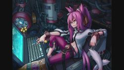 Rule 34 | 1girl, animal ears, artist request, bell, belt, black panties, blazblue, blazblue: chronophantasma, bracelet, cable, candy, cat ears, cat tail, chips (food), coat, computer, expressionless, food, glasses, industrial pipe, jewelry, jingle bell, keyboard (computer), kokonoe (blazblue), lollipop, machinery, mouse (computer), multiple tails, official art, panties, pants, pince-nez, pink hair, ponytail, potato chips, red pants, sitting, solo, tail, two tails, underwear, yellow eyes