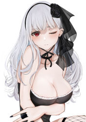 Rule 34 | 1girl, absurdres, bare shoulders, black bustier, black hairband, black nails, black ribbon, black thighhighs, blush, breasts, bustier, choker, cleavage, closed mouth, earrings, fingernails, fishnet thighhighs, fishnets, grey background, grey hair, hairband, highres, jewelry, long hair, looking at viewer, mole, mole under eye, multiple earrings, multiple piercings, nail polish, neck ribbon, one eye closed, original, red eyes, ribbon, ring, sidelocks, simple background, solo, thighhighs, uiri-na, veil