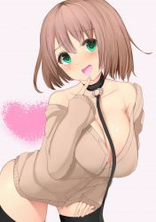 Rule 34 | 1girl, black thighhighs, blush, breasts, brown hair, cardigan, cleavage, collar, finger to own chin, green eyes, large breasts, leash, looking at viewer, off shoulder, open mouth, original, ratsuku kinoko, short hair, simple background, smile, solo, sweater, thighhighs, tongue, tongue out, viewer holding leash