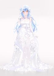 Rule 34 | 1girl, absurdres, bad id, bad twitter id, blue hair, blush, bracelet, breasts, bridal veil, bride, cleavage, closed mouth, dress, elbow gloves, floral print, full body, gloves, hair between eyes, heiyan shenshi, highres, hololive, jewelry, large breasts, long dress, long hair, looking at viewer, see-through, see-through cleavage, simple background, smile, solo, standing, veil, virtual youtuber, wedding dress, white background, white dress, white gloves, yellow eyes, yukihana lamy