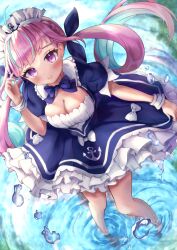 Rule 34 | 1girl, absurdres, ahoge, anchor symbol, apron, blue bow, blue dress, blue hair, blue nails, blush, bow, breasts, cleavage, cleavage cutout, clothing cutout, colored inner hair, dress, hair bow, highres, hololive, large breasts, looking at viewer, maid, maid apron, maid headdress, minato aqua, minato aqua (1st costume), multicolored hair, nail polish, pink hair, ponzakuro0116, purple eyes, smile, solo, streaked hair, twintails, virtual youtuber, wading, water, white headwear