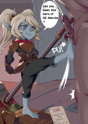 Rule 34 | 1boy, 1girl, absurdres, armor, ball busting, barefoot, bdsm, blonde hair, blood, blue skin, cbt, clothed female nude male, colored skin, crotch kick, cum, ejaculation, english text, fang, hetero, highres, holding, holding weapon, kicking, kui (pixiv6558026), league of legends, looking at penis, nude, penis, poppy (league of legends), speech bubble, tagme, testicles, twintails, uncensored, war hammer, weapon