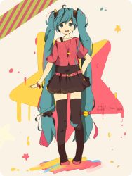 Rule 34 | 1girl, aqua eyes, aqua hair, artist name, bad id, bad pixiv id, belt, bracelet, hand on own hip, hatsune miku, jewelry, long hair, necklace, open mouth, skirt, solo, star (symbol), thighhighs, twintails, very long hair, vocaloid, xiaohchan