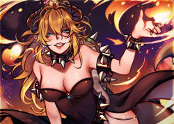 Rule 34 | 1girl, armlet, artist name, bare shoulders, blonde hair, blue eyes, bowsette, bracelet, breasts, cleavage, collar, commentary request, crown, dress, fingernails, fire, grin, hair between eyes, hand up, horns, jewelry, large breasts, long fingernails, long hair, looking at viewer, march ab, mario (series), messy hair, nail polish, nintendo, red nails, shaded face, sharp teeth, shiny skin, side slit, sleeveless, sleeveless dress, smile, solo, sparkle, spiked armlet, spiked bracelet, spiked collar, spiked shell, spikes, teeth, upper body