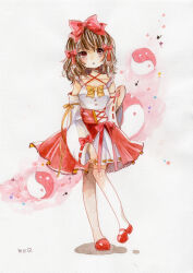 Rule 34 | 1girl, :o, adapted costume, alternate hairstyle, bow, breasts, brown hair, collarbone, detached sleeves, frilled bow, frilled skirt, frills, full body, hair bow, hakurei reimu, highres, looking at viewer, mary janes, medium hair, open mouth, orb, painting (medium), pink background, red bow, red eyes, red footwear, red ribbon, red skirt, ribbon, ribbon-trimmed sleeves, ribbon trim, shirt, shoes, simple background, skirt, sleeve bow, small breasts, solo, standing, thighhighs, totoki mea, touhou, traditional media, watercolor (medium), white background, white shirt, white thighhighs, yellow bow, yin yang, yin yang orb