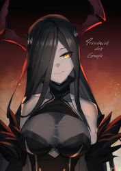 Rule 34 | 1girl, absurdres, aquilar, azur lane, bare shoulders, breasts, character name, cleavage, friedrich der grosse (azur lane), hair over one eye, highres, horns, large breasts, light smile, looking at viewer, mechanical horns, red horns, solo, upper body