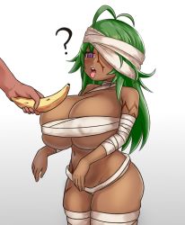 Rule 34 | 1girl, ?, antenna hair, banana, bandages, breasts, budget sarashi, chest sarashi, curvy, dark-skinned female, dark skin, drooling, food, fruit, green hair, highres, huge breasts, long hair, monster girl encyclopedia, mummy, mummy (monster girl encyclopedia), naked bandage, nav (itsnav), one eye covered, outstretched arms, purple eyes, ringed eyes, sarashi, shortstack, solo focus, thighhighs, tongue, tongue out, undead, upper body, zombie pose