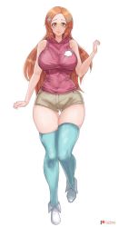 Rule 34 | 1girl, arm up, bare shoulders, bleach, blue thighhighs, breasts, brown eyes, brown hair, highres, hood, hoodie, inoue orihime, large breasts, lips, long hair, narrow waist, o22no, pink hoodie, redrawn, short shorts, shorts, skindentation, sleeveless, smile, solo, thick thighs, thighhighs, thighs