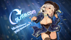 Rule 34 | 1girl, :d, animal, animal on shoulder, artist name, bird, bird on shoulder, black hat, black leotard, black thighhighs, blue coat, blush, breasts, chig, cleavage, coat, cowboy shot, curly hair, dlsite.com, dove, grey hair, hat, heart, heart print, highres, large breasts, leotard, long hair, long sleeves, looking at viewer, monocle, open mouth, outstretched arm, purple eyes, smile, solo, teeth, thighhighs, thighs, top hat, wallpaper, watermark, web address, xi lily