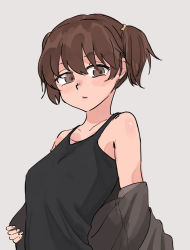 Rule 34 | 1girl, :o, alisa (girls und panzer), black shirt, brown eyes, brown hair, brown jacket, clothes pull, commentary request, freckles, girls und panzer, grey background, hair ornament, half-closed eyes, highres, jacket, jacket pull, long sleeves, looking at viewer, parted lips, pulled by self, saunders military uniform, shirt, short hair, short twintails, simple background, solo, standing, star (symbol), star hair ornament, tank top, toku (yhpv8752), twintails, upper body