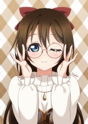 Rule 34 | 1girl, ;), aqua eyes, artist name, artist request, blue eyes, blush, bow, breasts, brown hair, dress, dress shirt, drop necklace, female focus, glasses, hair between eyes, hair bow, holding glasses, jewelry, long hair, long sleeves, looking at viewer, love live!, love live! nijigasaki high school idol club, love live! school idol festival, medium breasts, necklace, one eye closed, osaka shizuku, parted lips, ponytail, puffy long sleeves, puffy sleeves, red bow, shirt, smile, solo, sweater, teeth, turtleneck, turtleneck sweater, upper body, white sweater