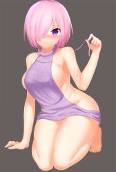 Rule 34 | 1girl, arm support, backless outfit, bare arms, bare legs, bare shoulders, barefoot, blurry, blush, breasts, bu li, closed mouth, collarbone, depth of field, embarrassed, fate (series), frown, full body, grey background, hair over one eye, halterneck, kneeling, mash kyrielight, medium breasts, meme attire, naked sweater, nose blush, pink hair, purple eyes, purple sweater, shiny skin, short hair, sideboob, simple background, sleeveless, sleeveless turtleneck, solo, sweater, thick thighs, thighs, turtleneck, turtleneck sweater, virgin killer sweater