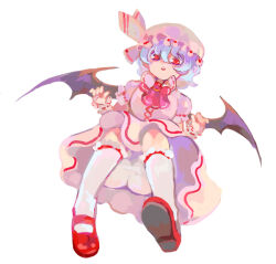 Rule 34 | 1girl, ascot, bat wings, bloomers, blue hair, brooch, collared shirt, commentary, from below, full body, hair between eyes, hat, hat ribbon, jewelry, kanon (rsl), long bangs, looking at viewer, mary janes, mob cap, open mouth, pink hat, pink shirt, pink skirt, red ascot, red eyes, red footwear, remilia scarlet, ribbon, ribbon-trimmed collar, ribbon-trimmed sleeves, ribbon trim, shirt, shoes, short hair, simple background, skirt, skirt set, socks, solo, touhou, underwear, white background, white bloomers, white ribbon, white socks, wings, wrist cuffs