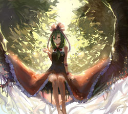 Rule 34 | 1girl, arm ribbon, bare arms, bare shoulders, barefoot, bow, clover, four-leaf clover, front ponytail, gloves, green hair, hair bow, highres, in tree, kagiyama hina, long hair, looking at viewer, ribbon, shirt, sishenfan, sitting, sitting in tree, skirt, sleeveless, sleeveless shirt, smile, solo, touhou, tree