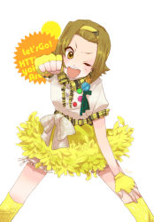 Rule 34 | 1girl, alternate costume, badge, button badge, buttons, clenched hand, feathers, fingerless gloves, gloves, hairband, k-on!, let&#039;s go! (k-on!), one eye closed, panyas, plaid, punching, short hair, socks, solo, tainaka ritsu, wink, yellow gloves, yellow socks