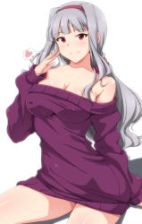 Rule 34 | 1girl, arm support, bare shoulders, blush, breasts, cleavage, covered erect nipples, fingers to cheek, grey hair, hairband, heart, idolmaster, idolmaster (classic), large breasts, long hair, long sleeves, looking at viewer, low ponytail, naked sweater, off-shoulder sweater, off shoulder, red eyes, scrunchie, shijou takane, sitting, smile, solo, spoken heart, sweater, tengu (tetuo kun)