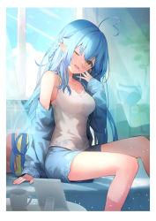 Rule 34 | 1girl, absurdres, ahoge, bad id, bad pixiv id, blouse, blue hair, blue jacket, blue shorts, blue sky, border, braid, breasts, cloud, commentary request, cup, curtains, day, elf, fang, hair between eyes, half updo, hand to own mouth, hand up, heart, heart ahoge, highres, hololive, indoors, jacket, legs, long hair, long sleeves, looking at viewer, medium breasts, official art, one eye closed, open clothes, open jacket, open mouth, pointy ears, print jacket, print shirt, print shorts, sasahara kugui, shirt, short shorts, shorts, sitting, sky, snowflake print, solo, sunlight, virtual youtuber, white border, white shirt, window, yellow eyes, yukihana lamy
