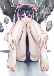 Rule 34 | 1girl, bare legs, barefoot, black hair, blue one-piece swimsuit, closed mouth, expressionless, feet, fingernails, floating, floating object, full body, hair bobbles, hair ornament, hand on own leg, highres, inamitsu shinji, knees together feet apart, knees up, lips, long hair, looking at viewer, multicolored eyes, nail polish, one-piece swimsuit, original, outline, paid reward available, pink nails, rock, school swimsuit, shadow, sitting, solo, swimsuit, tareme, toenail polish, toenails, toes, twintails, white background