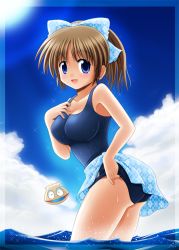 Rule 34 | 1girl, bare shoulders, blue eyes, bow, breasts, brown hair, cloud, day, hair bow, large breasts, minami shinju, one-piece swimsuit, original, ponytail, sarong, school swimsuit, shell, short hair, sky, solo, sparkle, submerged, swimsuit, thighs, wading, water, wet