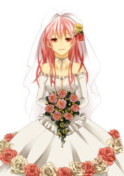 Rule 34 | 10s, 1girl, bare shoulders, blush, bouquet, breasts, bridal veil, bride, cleavage, crying, crying with eyes open, detached sleeves, dress, elbow gloves, flower, gloves, guilty crown, hair ornament, happy tears, highres, long hair, looking at viewer, minka, pink hair, red eyes, smile, solo, tears, veil, veil lift, wedding dress, yuzuriha inori