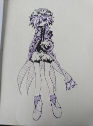 Rule 34 | 1other, androgynous, ballpoint pen (medium), character name, closed mouth, coat, frilled hat, frilled shorts, frills, full body, hair between eyes, hat, highres, len&#039;en, ling s, long sleeves, no nose, open clothes, open coat, other focus, partially colored, shirt, shitodo kuroji, short hair, short shorts, shorts, simple background, sketch, smile, socks, solo, traditional media, triangular headpiece, white background