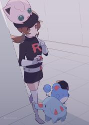 Rule 34 | 1girl, 343rone, black headwear, black jacket, black skirt, boots, brown eyes, brown hair, clothed pokemon, commentary request, creatures (company), game freak, gen 1 pokemon, gen 2 pokemon, gloves, hat, highres, holding, holding poke ball, index finger raised, indoors, jacket, jigglypuff, logo, long hair, lyra (pokemon), marill, nintendo, on head, parted lips, phanpy, poke ball, poke ball (basic), pokemon, pokemon (creature), pokemon hgss, pokemon masters ex, pokemon on head, skirt, standing, team rocket, team rocket uniform, thigh boots, tile floor, tiles, twintails