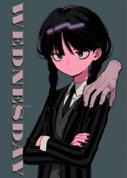 Rule 34 | 1girl, addams family, animification, black eyeliner, black eyes, black hair, black jacket, black nails, black necktie, braid, character name, closed mouth, crossed arms, disembodied limb, eyeliner, frown, green background, hand on another&#039;s shoulder, highres, jacket, long hair, makeup, menma (enaic31), nail polish, necktie, shirt, stitched hand, sweater vest, thing (addams family), twin braids, twitter username, upper body, wednesday (netflix), wednesday addams, white shirt