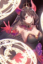 Rule 34 | absurdres, breasts, brown hair, crown, demon girl, demon horns, dress, gloves, grand summoners, hand up, highres, horns, juno (grand summoners), knights of blood, large breasts, magic circle, magical girl, red eyes, solo