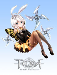 Rule 34 | 1girl, animal ears, artist request, black thighhighs, blue eyes, braid, butterfly wings, elbow gloves, elin, gloves, high heels, highres, insect wings, leaning back, long hair, rabbit ears, shirt, shoes, shuriken, sitting, skirt, solo, tera online, thighhighs, twin braids, twintails, weapon, white hair, wings