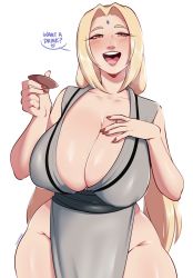 Rule 34 | 1girl, blonde hair, breasts, brown eyes, chikkibug, cleavage, cup, facial mark, hair intakes, highres, huge breasts, long hair, low twintails, nail polish, naruto, naruto (series), open mouth, pelvic curtain, sakazuki, thick thighs, thighs, tsunade (naruto), twintails, very long hair, white background, wide hips