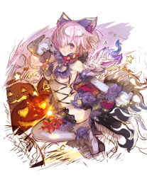 Rule 34 | animal ears, cosplay, elbow gloves, fate/grand order, fate (series), fur-trimmed gloves, fur-trimmed legwear, fur collar, fur trim, gloves, hair over one eye, haku (sabosoda), halloween costume, lace, lace-trimmed legwear, lace trim, light purple hair, mash kyrielight, mash kyrielight (dangerous beast), o-ring, o-ring top, official alternate costume, purple eyes, purple gloves, purple legwear, revealing clothes, short hair, tail, thighhighs, wolf ears, wolf tail