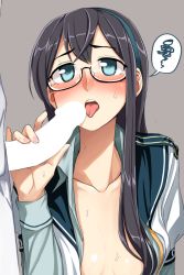 Rule 34 | 10s, 1boy, 1girl, black hair, blue eyes, blush, breasts, censored, fellatio, glasses, hairband, handjob, hetero, kantai collection, kumadano, long hair, nipples, ooyodo (kancolle), open clothes, open mouth, open shirt, oral, penis, school uniform, shirt, small breasts, solo focus, spoken squiggle, squiggle, sweat, tongue, tongue out