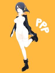 Rule 34 | 10s, 1girl, black footwear, blush, boots, breasts, chestnut mouth, drawstring, emperor penguin (kemono friends), group name, hair over one eye, headphones, hood, hoodie, jpeg artifacts, kemono friends, large breasts, leotard, multicolored hair, nakayama miyuki, open clothes, open hoodie, orange background, simple background, solo, standing, standing on one leg, streaked hair, thighhighs, white leotard, white thighhighs