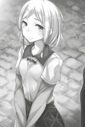 Rule 34 | 1girl, ayakura juu, day, greyscale, hair ornament, highres, layered sleeves, long hair, long sleeves, looking at viewer, monochrome, novel illustration, official art, outdoors, parted bangs, selim (spice and wolf), short over long sleeves, short sleeves, smile, solo, spice and wolf, standing