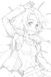 Rule 34 | 1girl, arm up, armpits, bed sheet, blush, breasts, cleavage, collarbone, commentary, from above, girls und panzer, graphite (medium), greyscale, jacket, kayabakoro, long sleeves, looking at viewer, lying, midriff peek, military, military uniform, monochrome, navel, on back, on bed, ooarai military uniform, open clothes, open jacket, parted bangs, pleated skirt, sawa azusa, short hair, sketch, skirt, small breasts, smile, solo, tank top, traditional media, unfinished, uniform