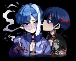 Rule 34 | 2boys, bad id, bad pixiv id, black background, blowing in ear, blowing smoke, blue eyes, blue hair, blush, cigarette, doppel (bonnypir), dunhill, earrings, grin, highres, jewelry, looking at viewer, male focus, mevius, multicolored hair, multiple boys, personification, red eyes, red hair, smile, streaked hair, white hair