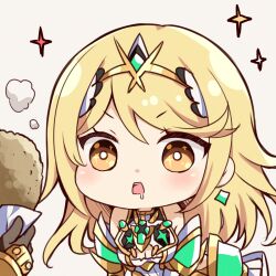 Rule 34 | 1boy, 1girl, bare shoulders, blonde hair, blush, breasts, brown eyes, cleavage, cleavage cutout, clothing cutout, commentary request, dress, food, grey background, headpiece, highres, holding, holding food, long hair, medium breasts, mythra (xenoblade), rex (xenoblade), simple background, sleeveless, sleeveless dress, solo focus, sparkle, steam, ui frara, v-shaped eyebrows, very long hair, white dress, xenoblade chronicles (series), xenoblade chronicles 2