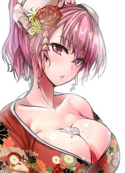 Rule 34 | 1girl, alternate costume, alternate hairstyle, between breasts, blush, breasts, bun cover, bust cup, cleavage, collarbone, double bun, earrings, floral print, flower, from side, hair bun, hair flower, hair ornament, highres, ibaraki kasen, japanese clothes, jewelry, kimono, large breasts, looking at viewer, looking to the side, off shoulder, one-hour drawing challenge, pink eyes, pink hair, ponytail, sidelocks, solo, touhou, upper body, y2