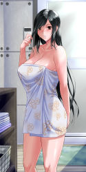 Rule 34 | 1girl, absurdres, arm at side, bare arms, bare legs, bare shoulders, basket, bathroom, black hair, blush, breasts, brown eyes, carpet, cleavage, collarbone, cowboy shot, final fantasy, final fantasy vii, fingernails, floral print, hand up, highres, holding, holding own hair, indoors, large breasts, laundry basket, long fingernails, long hair, looking at viewer, naked towel, open mouth, parted lips, pink lips, revision, shade, solo, standing, swept bangs, switch01, tifa lockhart, towel, very long hair, wall