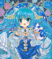 Rule 34 | 1girl, :d, beamed eighth notes, blue brooch, blue eyes, blue flower, blue hair, blue rose, blue skirt, blue theme, brooch, cowboy shot, detached sleeves, eighth note, floral background, flower, frilled shirt collar, frilled skirt, frills, hair between eyes, hatsune miku, jewelry, looking at viewer, marker (medium), musical note, open mouth, petals, purple flower, purple ribbon, purple rose, rabbit yukine, red flower, red rose, ribbon, rose, rose background, rose petals, rui (sugar3), sample watermark, skirt, smile, snowflake background, solo, staff (music), striped sleeves, traditional media, vocaloid, watermark, yuki miku, yuki miku (2019)