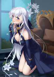 Rule 34 | 1girl, absurdres, alternate costume, azur lane, bare shoulders, belfast (azur lane), belfast (the noble attendant) (azur lane), blue dress, blue gloves, blue ribbon, blush, bracelet, breasts, chain, cleavage, collar, commentary, dress, elbow gloves, gloves, hair ribbon, halter dress, halterneck, highres, indoors, jewelry, kneeling, large breasts, looking at viewer, open mouth, purple eyes, raillaz, ribbon, silver hair, smile, solo, window
