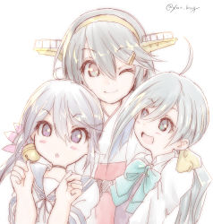 Rule 34 | 3girls, ahoge, akebono (kancolle), bell, black hair, blue sailor collar, bow, bowtie, brown eyes, chicken99, commentary request, flower, grey eyes, grey hair, hair bell, hair between eyes, hair flower, hair ornament, halterneck, haruna (kancolle), headgear, highres, jingle bell, kantai collection, kiyoshimo (kancolle), long hair, looking at viewer, low twintails, multiple girls, one-hour drawing challenge, purple eyes, purple hair, sailor collar, school uniform, serafuku, shirt, side ponytail, simple background, twintails, twitter username, upper body, very long hair, white background, white shirt