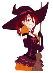 Rule 34 | 1girl, black gloves, black shirt, blush, bow, broom, collarbone, commentary, cowboy shot, cropped legs, drill hair, elbow gloves, frilled sleeves, frills, from below, gloves, grin, halloween, hat, highres, holding, holding broom, kasane teto, layered skirt, light blush, looking at viewer, orange sleeves, puffy sleeves, pumpkin skirt, red eyes, red hair, shirt, short sleeves, skirt, smile, solo, twin drills, utau, white background, witch hat, yasutange