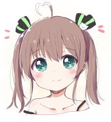 Rule 34 | 1girl, ahoge, alternate hairstyle, blue eyes, brown hair, collarbone, commentary request, hair ornament, hair ribbon, heart, heart ahoge, highres, hololive, looking at viewer, natsuiro matsuri, okota mikan, portrait, ribbon, simple background, smile, solo, twintails, virtual youtuber, white background